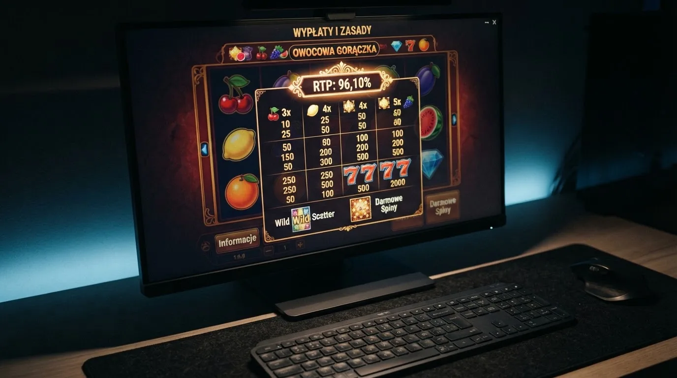 ekran automatu online z otwartą tabelą wypłat pokazującą wartość procentową RTP