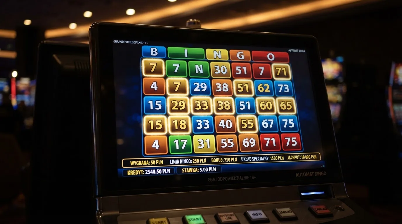 Ekran automatu do gry z kolorową planszą w stylu bingo i podświetlonymi liczbami