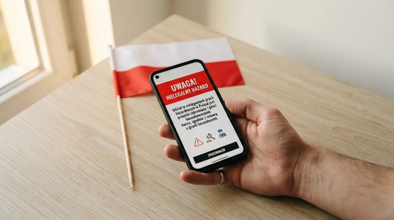 Dłoń trzymająca telefon z widocznym komunikatem ostrzegawczym o legalności hazardu online na tle biało-czerwonej flagi Polski.