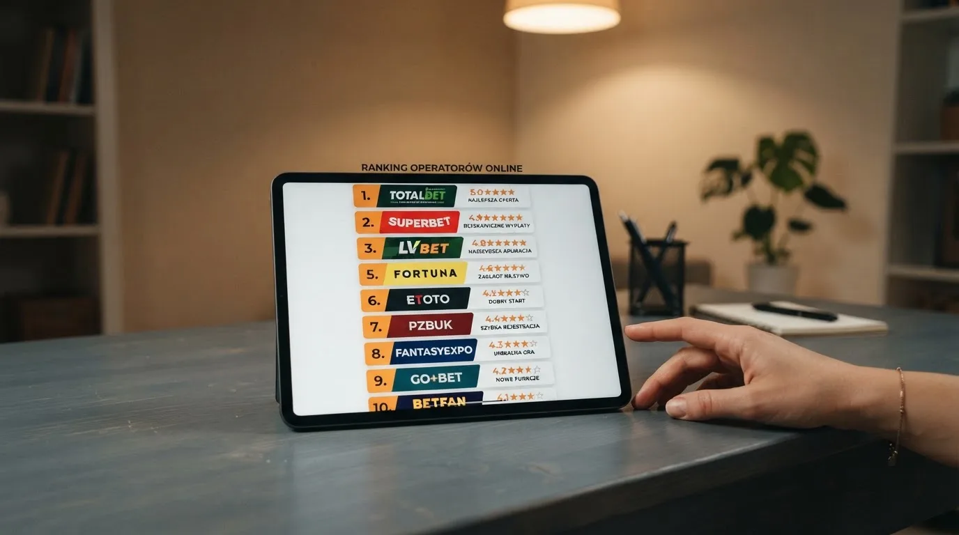 Ranking dziesięciu kart operatorów online ułożonych od najwyżej do najniżej ocenionego na ekranie tabletu.