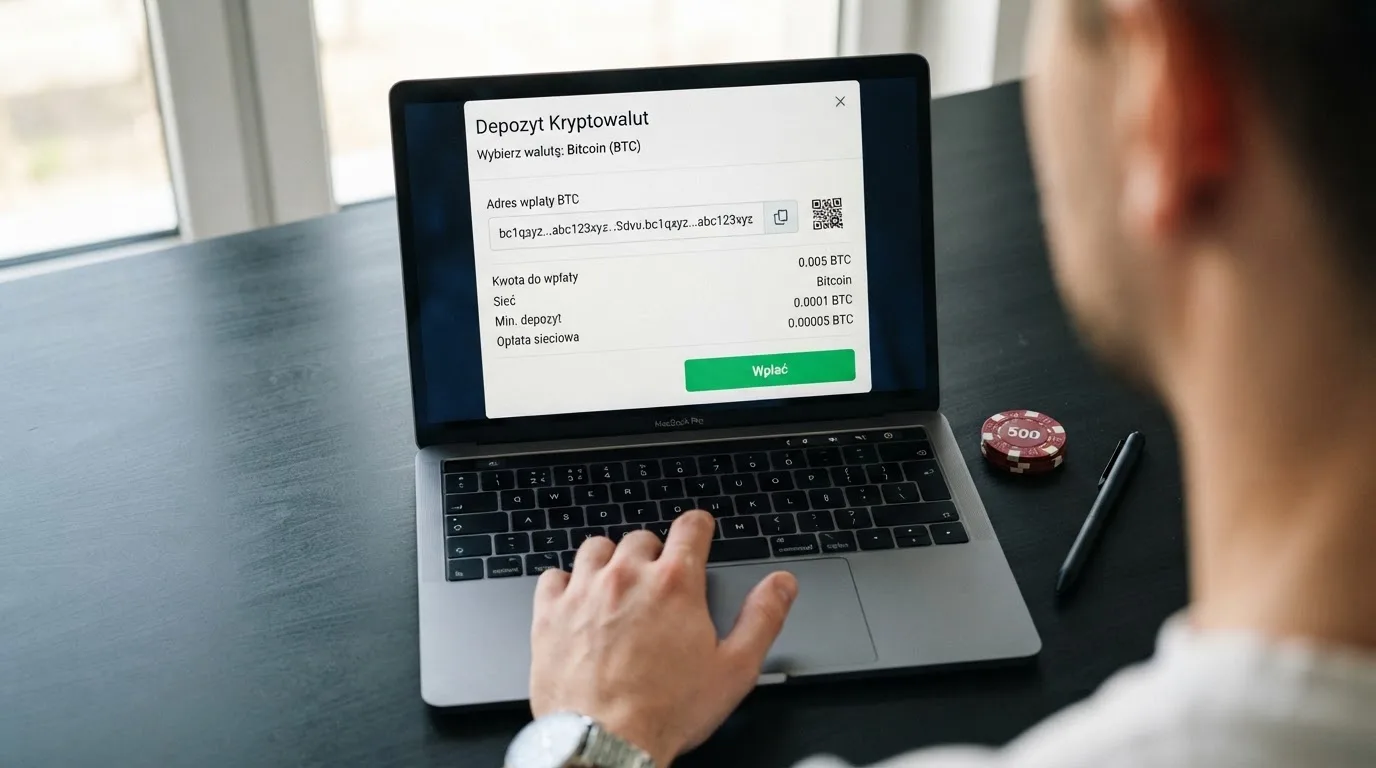 Zbliżenie na formularz wpłaty w kasynie online z polem na adres portfela kryptowalutowego BNB Smart Chain.