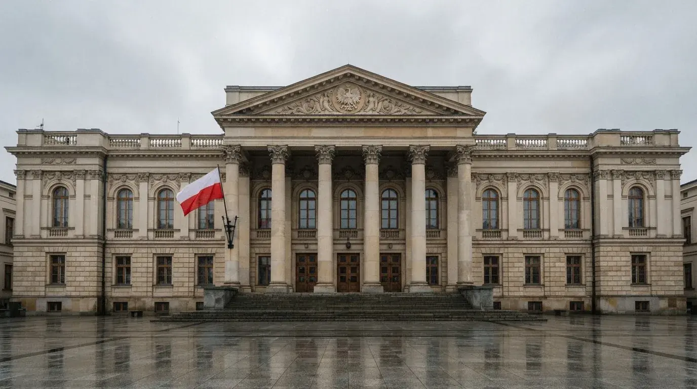 Fasada budynku instytucji państwowej z flagą Polski, symbol nadzoru regulatora nad rynkiem gier hazardowych