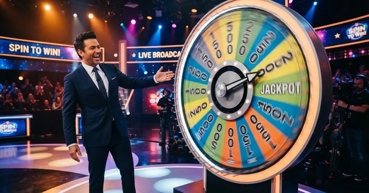 Prowadzący w studiu transmituje rundę koła fortuny Crazy Time