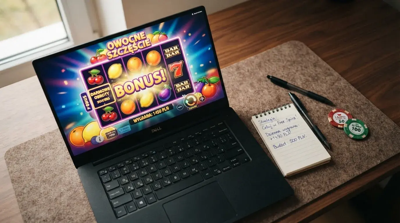 Widok z góry na laptop z otwartą tabelą porównawczą ofert powitalnych kilku serwisów kasynowych