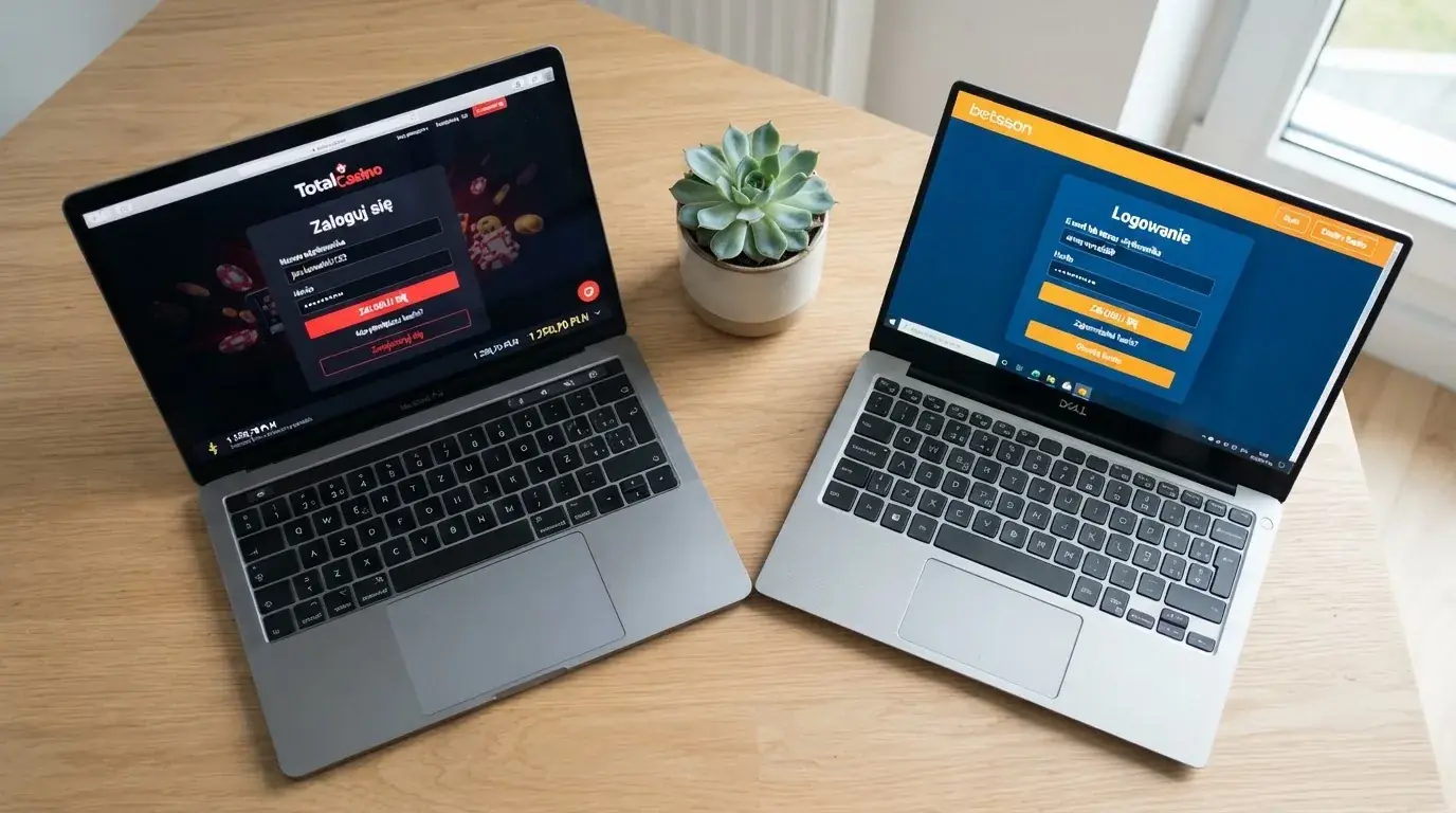 Dwa ekrany logowania kasyna online obok siebie na biurku, jeden z polskim interfejsem złotówkowym, symbolizujące porównanie dwóch różnych serwisów