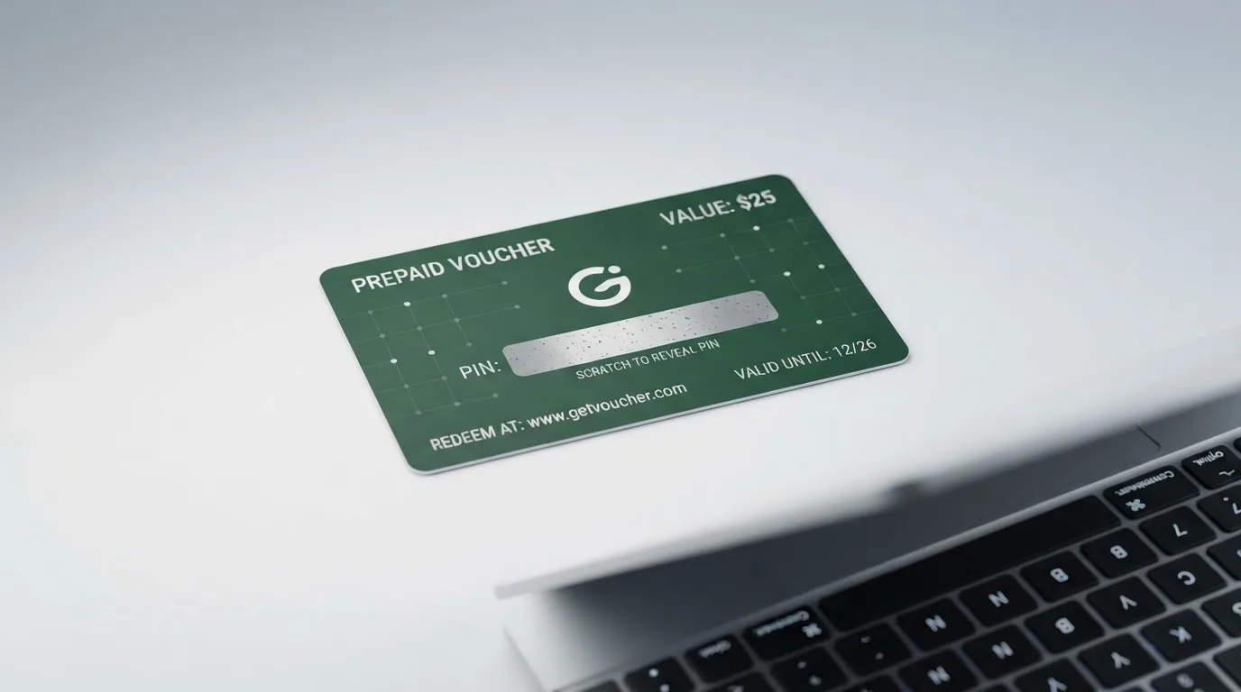 Karta przedpłacona Paysafecard z zasłoniętym polem kodu PIN obok klawiatury laptopa