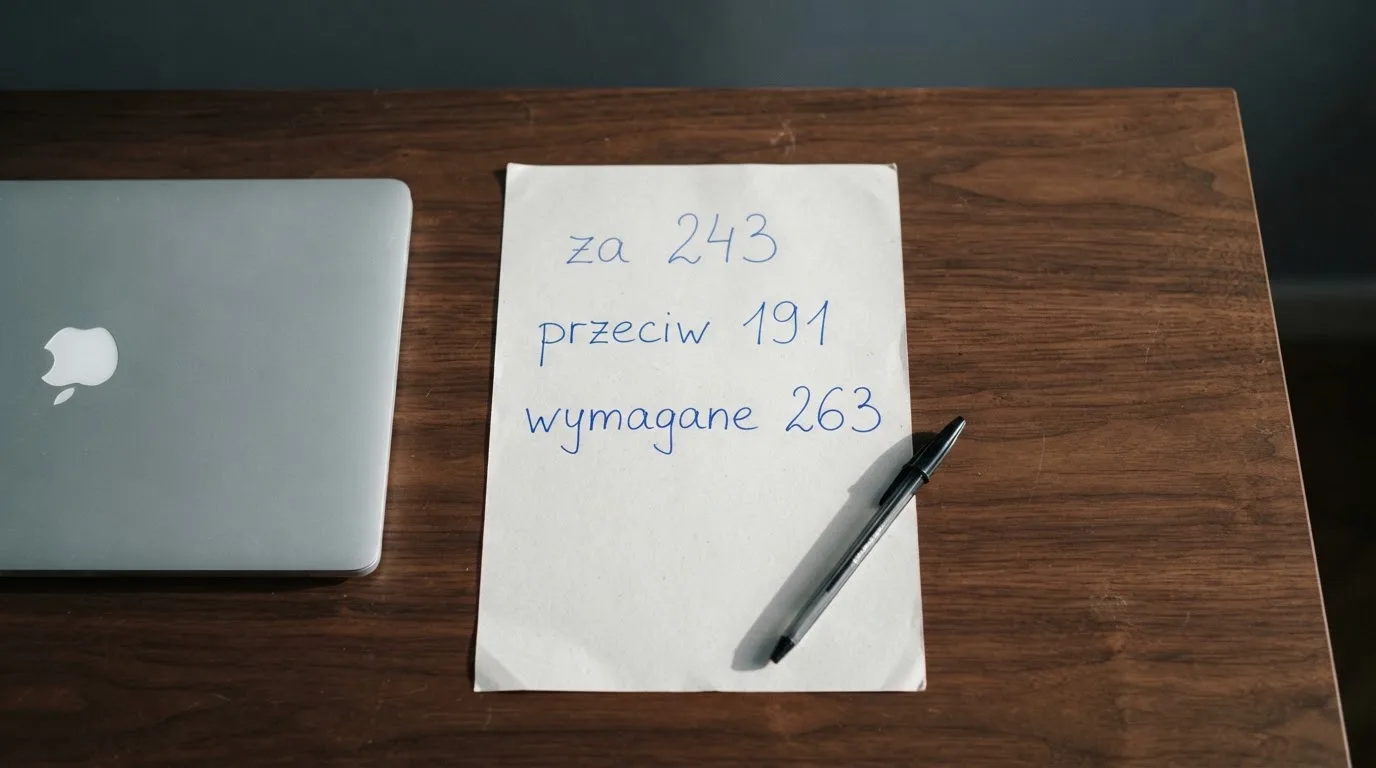 Kartka papieru z odręcznie zapisanym wynikiem głosowania leżąca na biurku obok zamkniętego laptopa.