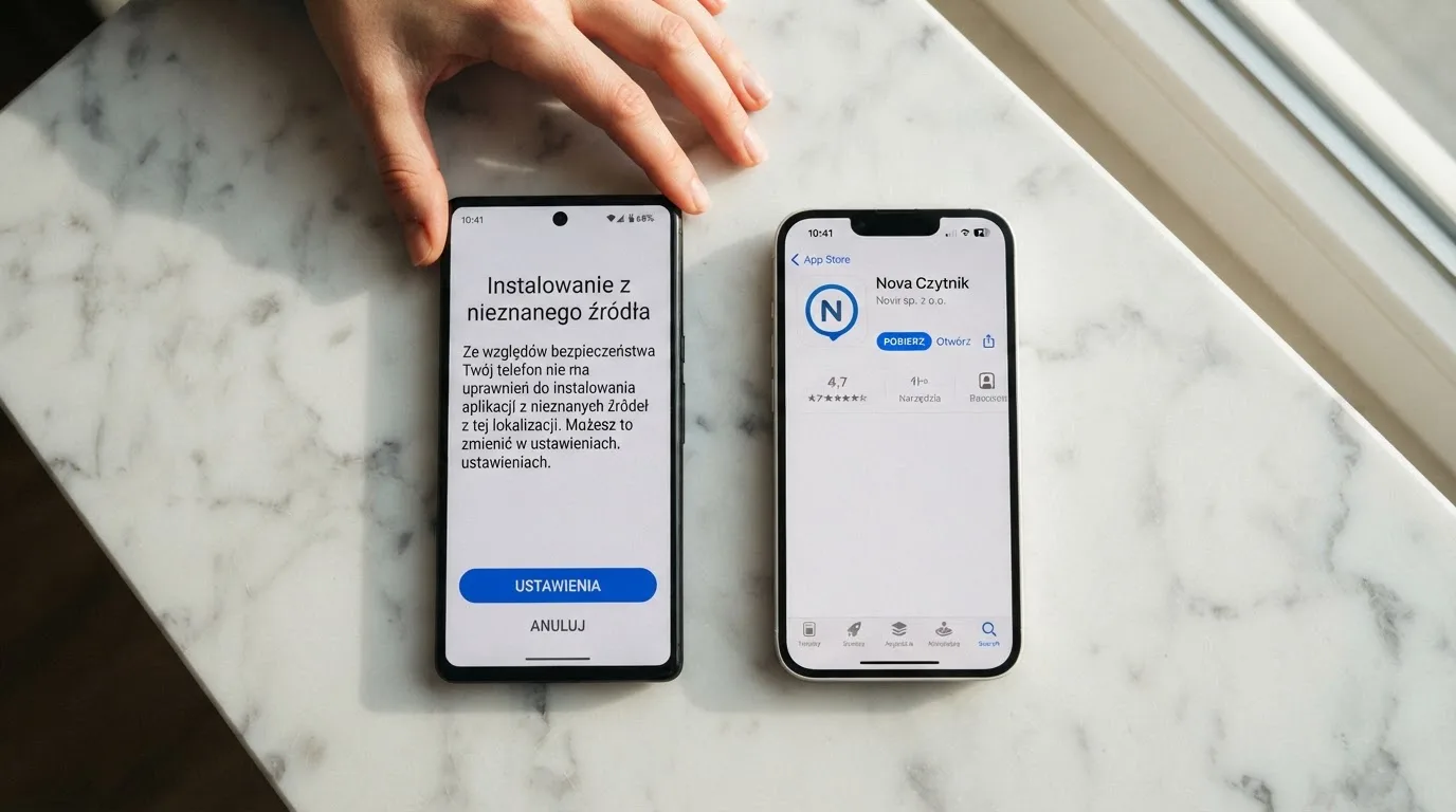 Dwa telefony obok siebie: na jednym komunikat zgody na instalację pliku APK z nieznanego źródła, na drugim strona aplikacji w sklepie z przyciskiem pobierania