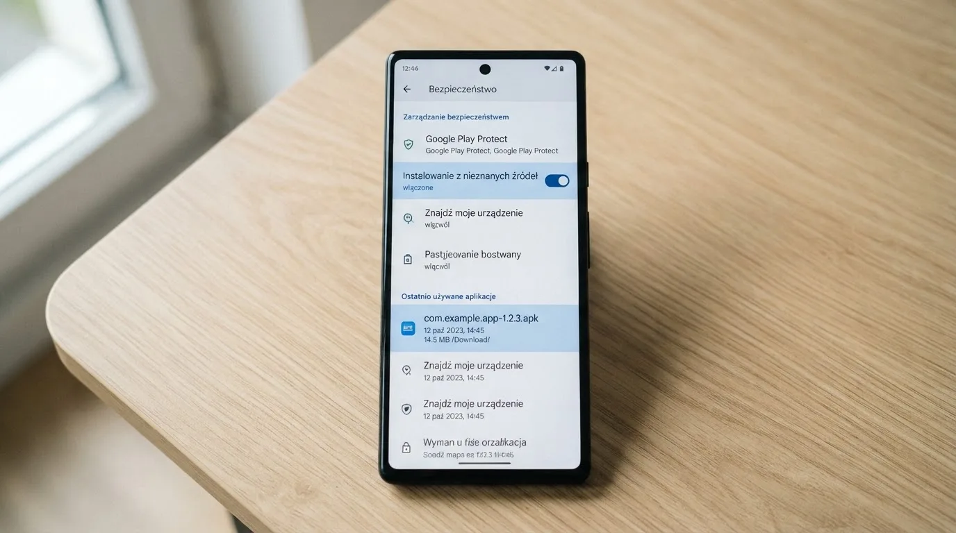 Ekran ustawień Androida z przełącznikiem zgody na instalację aplikacji z nieznanego źródła i pobranym plikiem instalacyjnym na liście