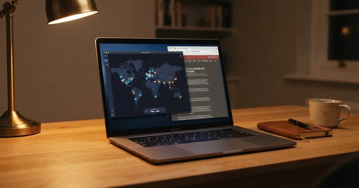 Laptop na biurku z włączoną aplikacją VPN i mapą serwerów w kilku krajach obok otwartej przeglądarki