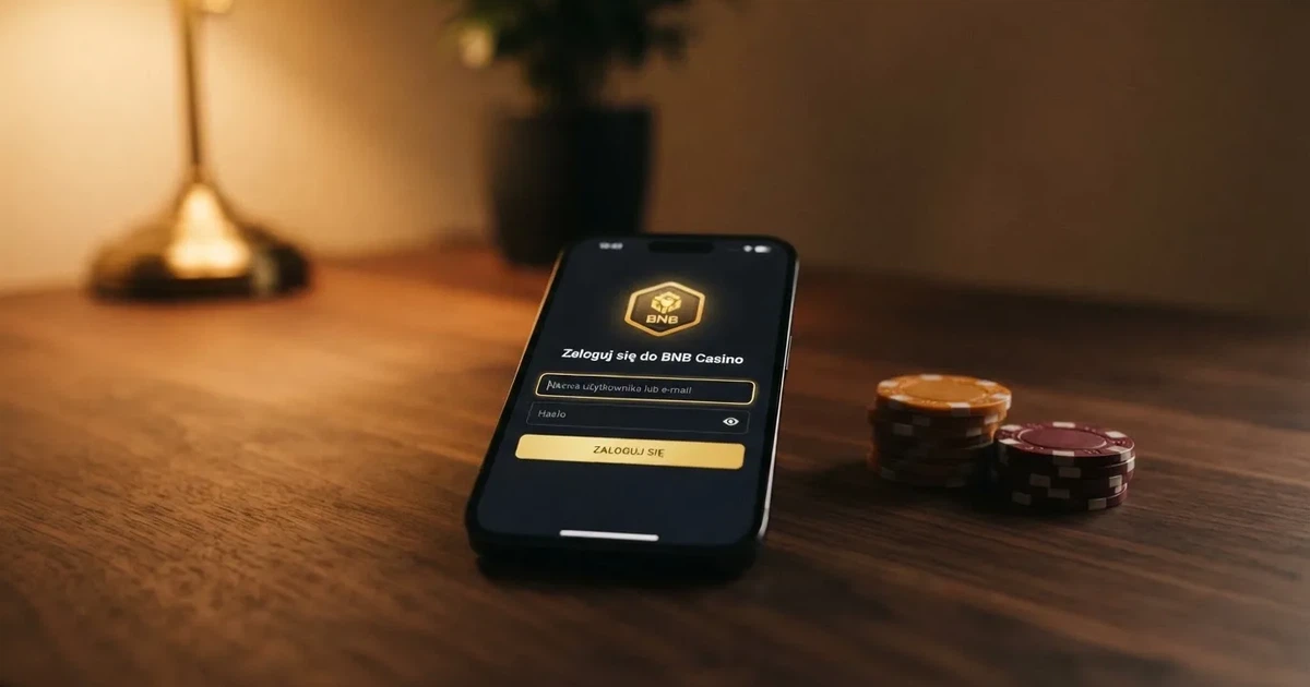 Ekran logowania do konta kasyna online z widoczną opcją wyboru kryptowaluty Binance Coin (BNB) jako metody płatności.