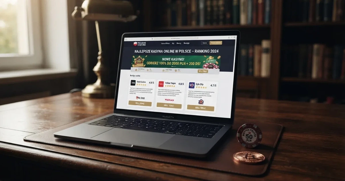 Ekran laptopa z otwartą stroną porównania kasyn online obok fizycznego żetonu i symbolu kryptowaluty Bitcoin Cash.