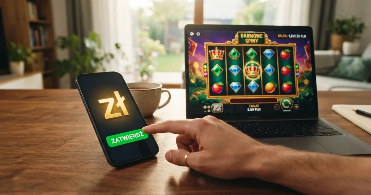 Smartfon z ekranem wyboru banku i zatwierdzania przelewu obok laptopa z otwartą stroną gry, bez logotypów