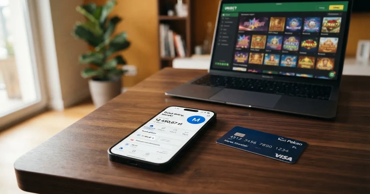 Ekran aplikacji bankowej na smartfonie leżącym obok karty płatniczej i otwartego na laptopie ekranu logowania do serwisu gier online