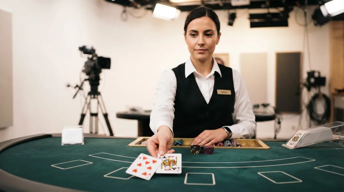 Krupier rozdający karty przy stole blackjacka podczas transmisji na żywo