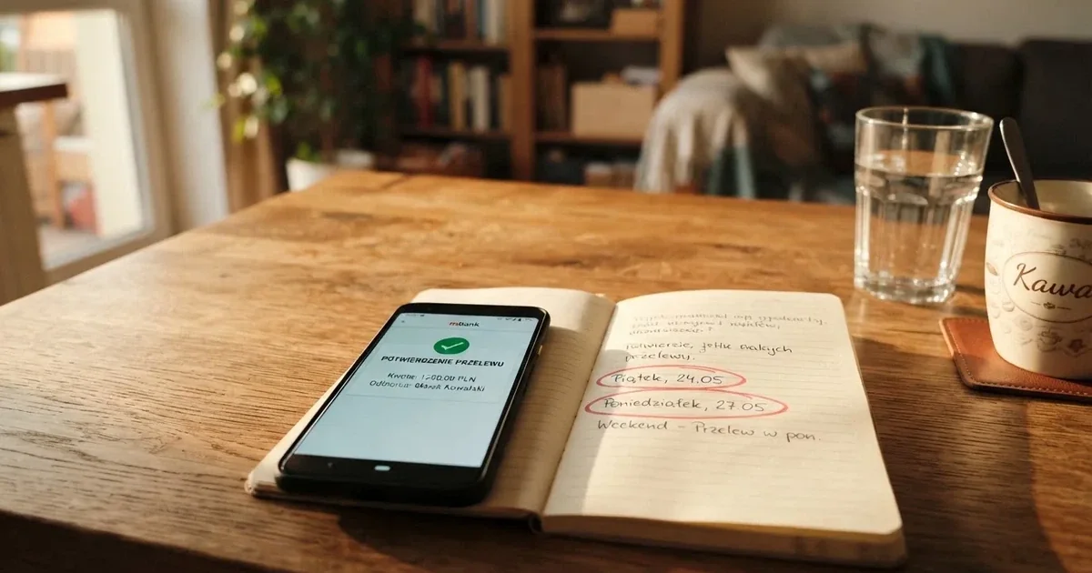 Smartfon z powiadomieniem o zaksięgowanym przelewie przychodzącym, obok papierowy kalendarz z zakreśloną sobotą i niedzielą