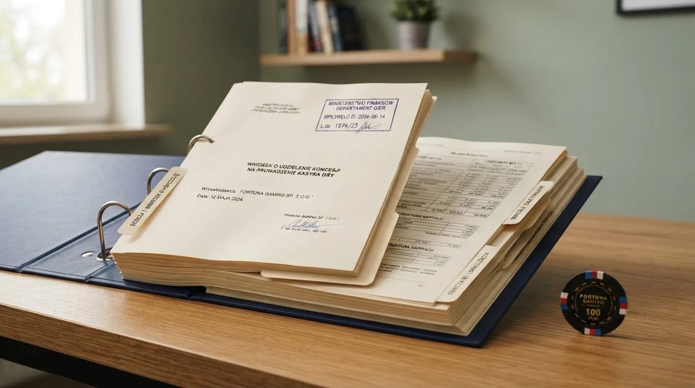 Segregator z wnioskiem o koncesję na kasyno gry, wydrukiem sprawozdania finansowego i urzędową pieczątką leżący na biurku