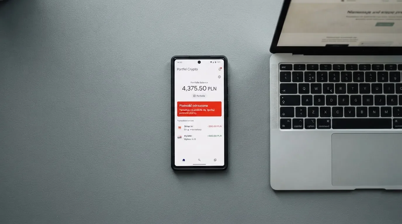 Smartfon z otwartym portfelem kryptowalut i komunikatem o odrzuconej płatności leżący obok laptopa