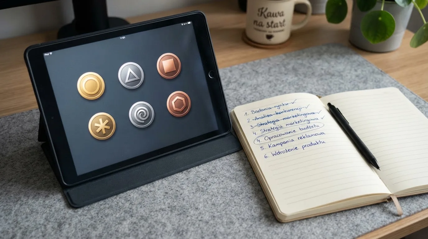 Tablet z siatką ikon kryptowalut akceptowanych przez różne serwisy, obok notatnik z odręcznymi skreśleniami.