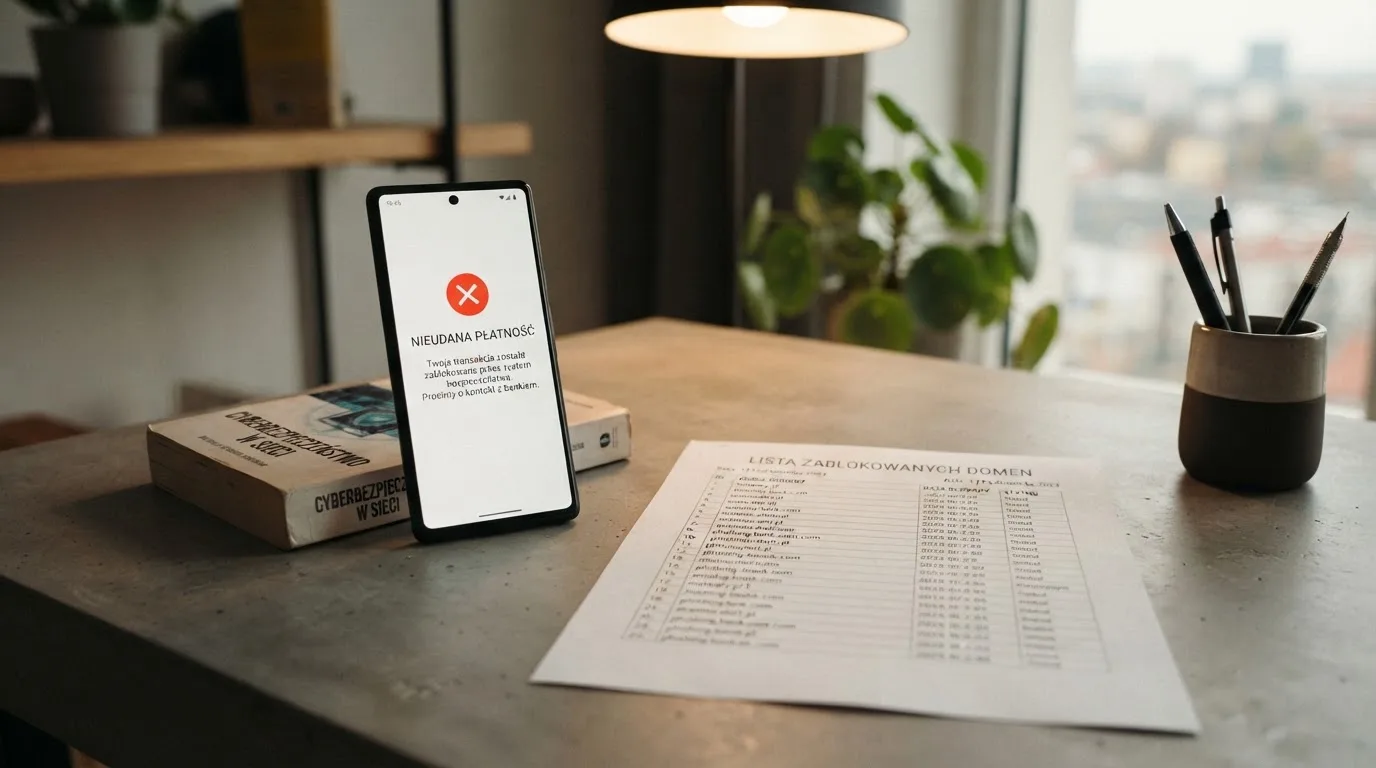 Telefon z komunikatem o odrzuconej płatności na ekranie, obok wydruk tabeli z listą zablokowanych adresów stron