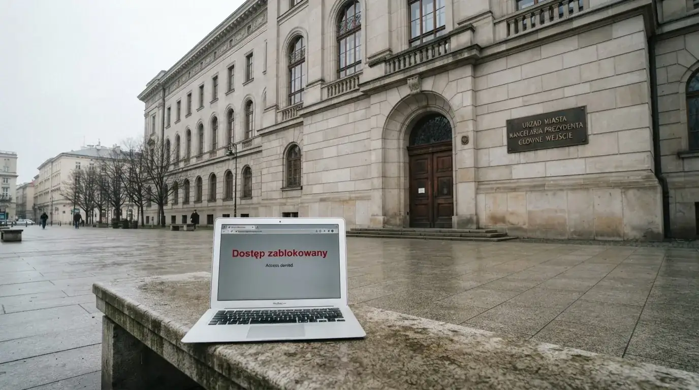 Budynek urzędu z tablicą ministerstwa, na pierwszym planie laptop z komunikatem o zablokowanej stronie kasyna