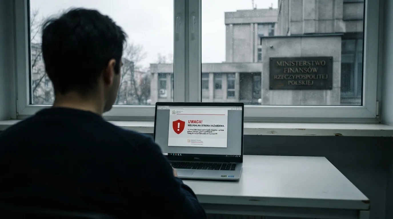 Laptop z komunikatem o zablokowanej stronie hazardowej, w tle budynek urzędu z tablicą ministerstwa