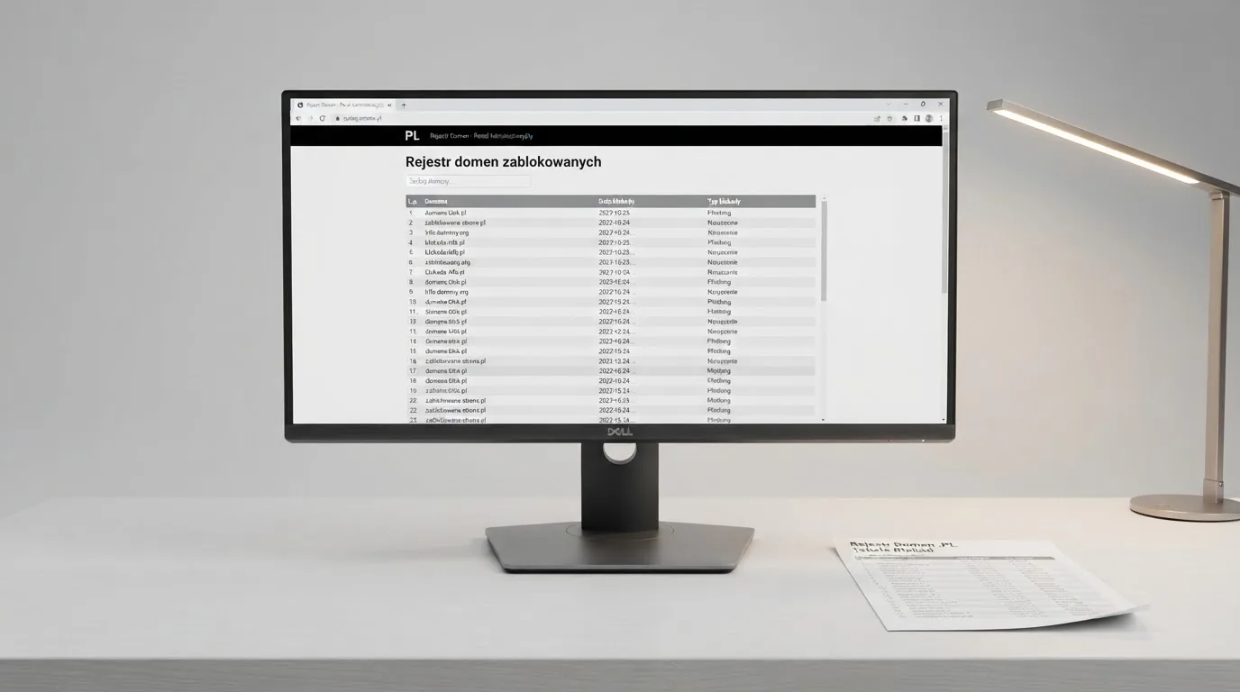 Monitor z otwartą publiczną wyszukiwarką rejestru zablokowanych domen hazardowych obok wydrukowanej ustawy o grach hazardowych