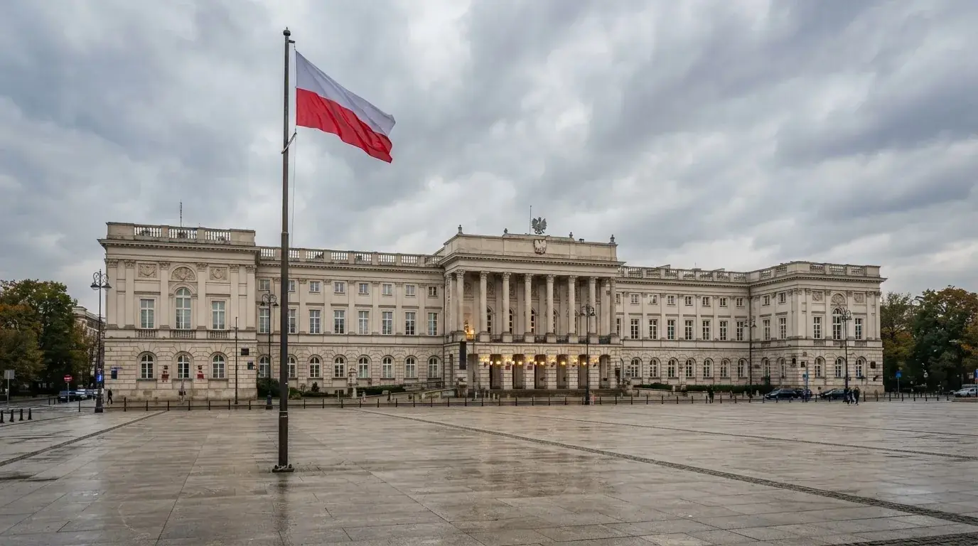 Budynek urzędu administracji państwowej z flagą Polski na maszcie w tle