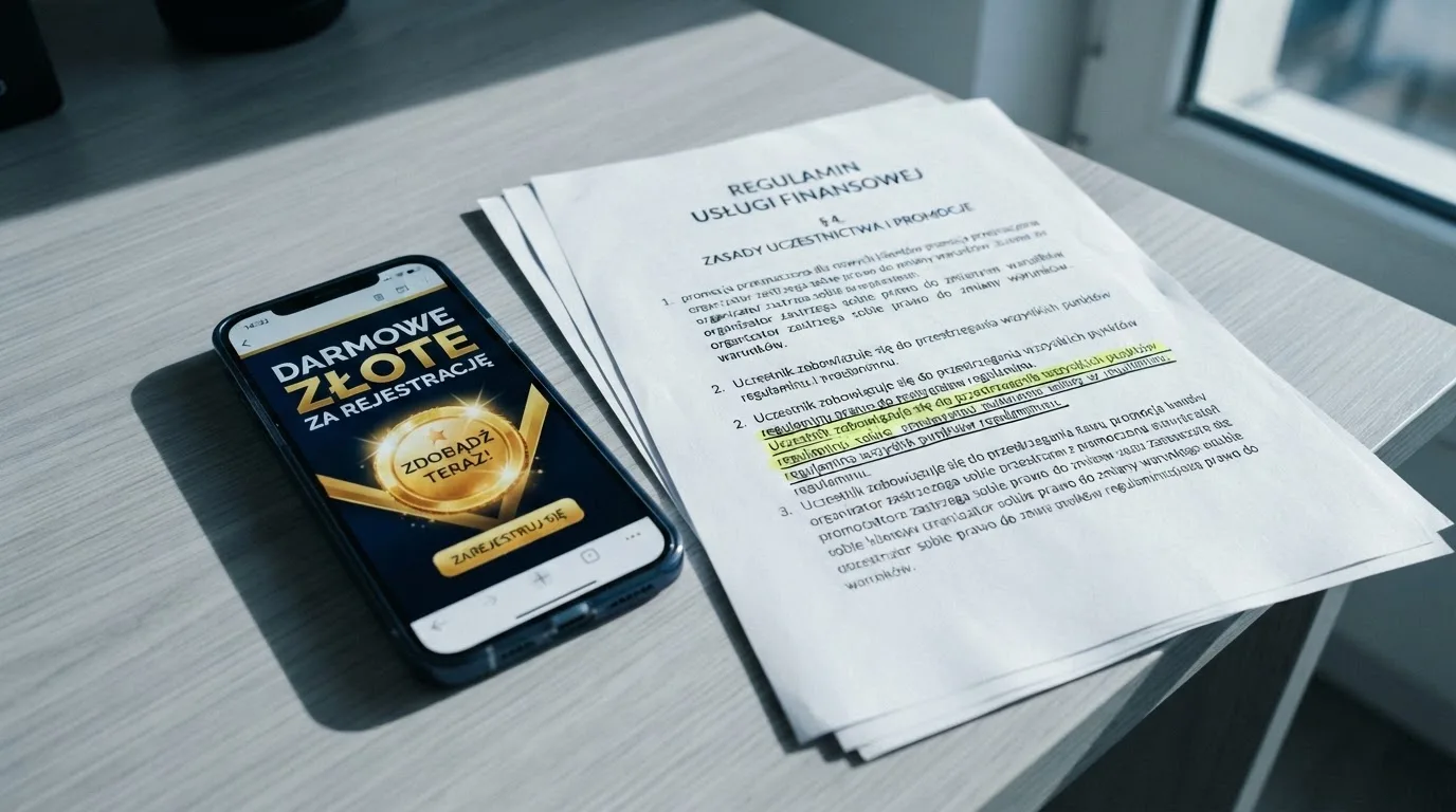 Telefon z banerem obiecującym darmowe złotówki za założenie konta, obok wydrukowany tekst ustawy o grach hazardowych z zaznaczonym artykułem