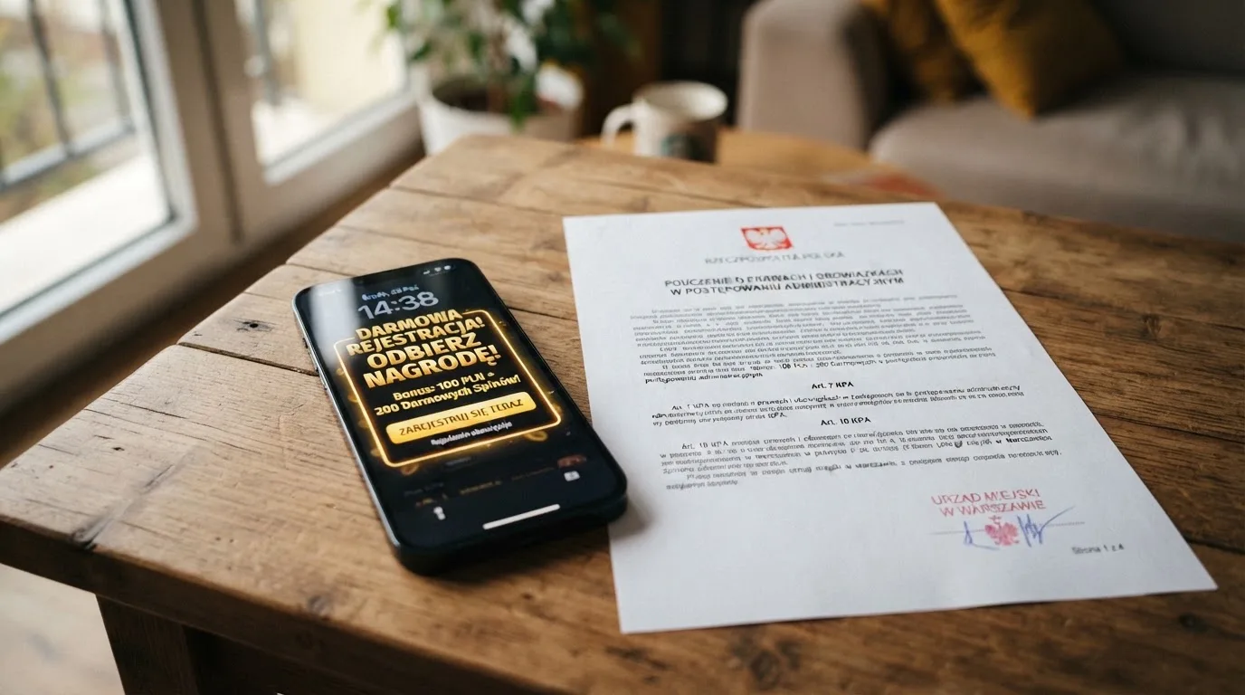Telefon z wyskakującym banerem obiecującym darmowe złotówki za rejestrację, obok wydruk ustawy o grach hazardowych