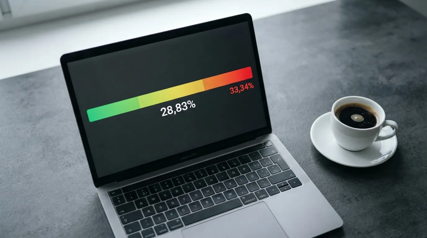 Ekran laptopa z prostym paskiem procentowym zbliżającym się do czerwonej strefy, obok filiżanka kawy.