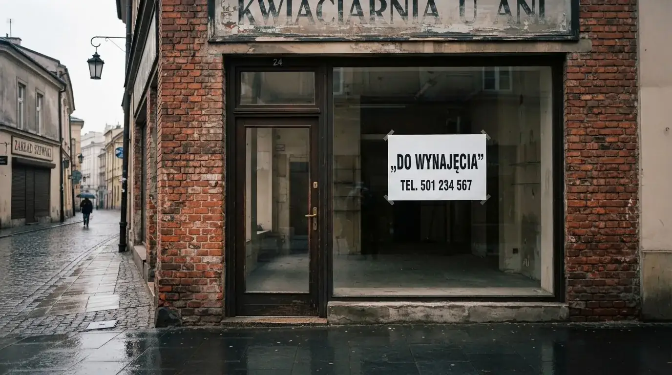 Pusty, zamknięty lokal handlowy z tabliczką „do wynajęcia”, symbolizujący brak działających salonów gry bingo pieniężne