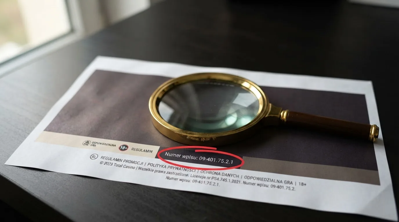 Lupa nad stopką strony kasyna, w której zakreślono na czerwono stary numer licencji z Curaçao
