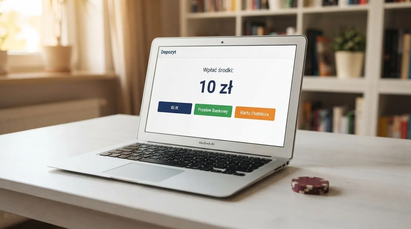 Laptop z otwartym oknem wpłaty na kwotę 10 zł i listą metod: BLIK, karta płatnicza, szybki przelew