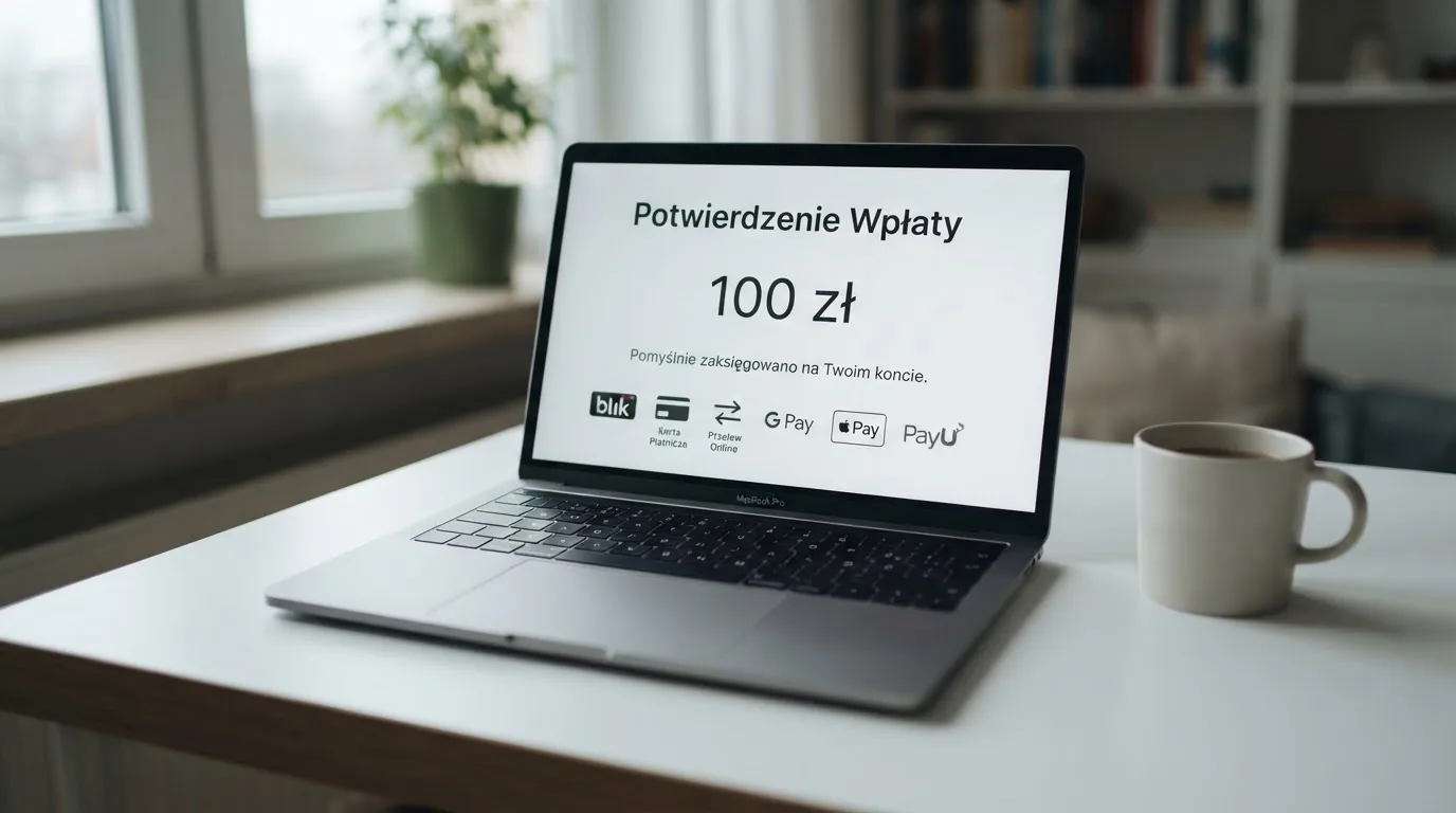 Laptop z oknem wpłaty na ePortfel, wpisana kwota 100 zł i lista metod: BLIK, karta płatnicza, szybki przelew