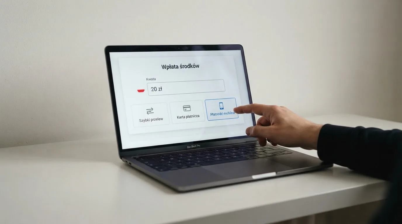 Laptop z otwartym formularzem wpłaty na kwotę 20 zł i wyborem między szybkim przelewem, kartą płatniczą a BLIK-iem