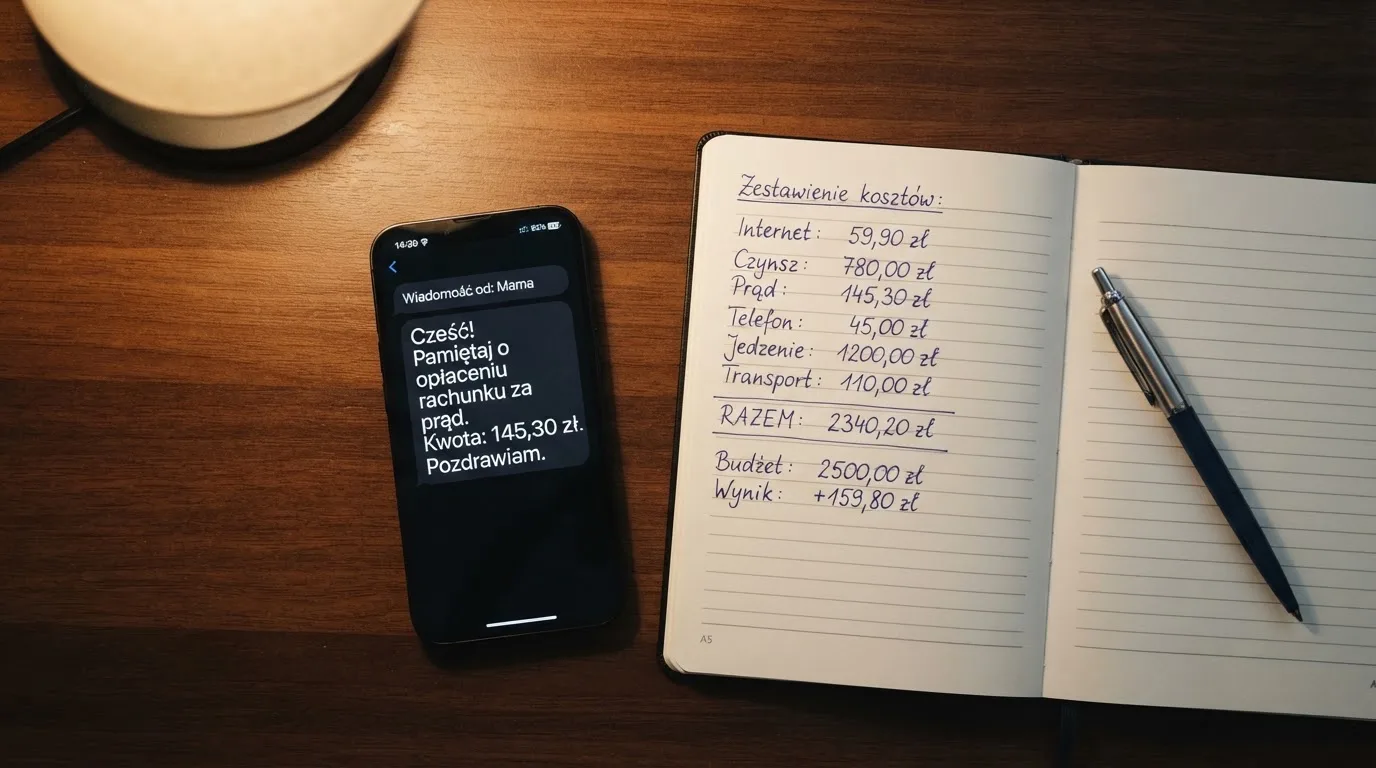 Ekran telefonu z wiadomością SMS obok kalkulatora liczącego opłaty
